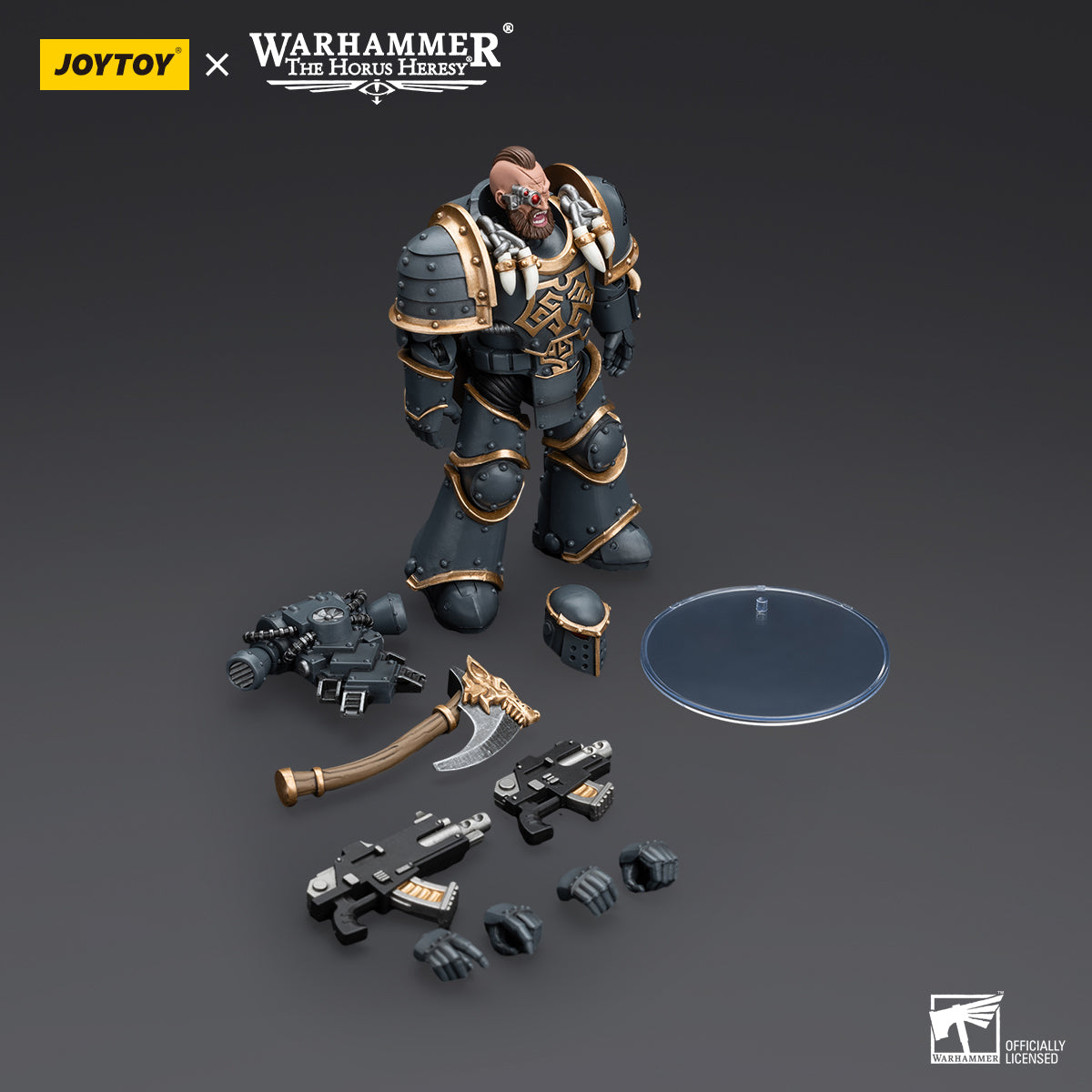 Package contents for Space Wolves Grey Slayer, including the figure, weapon, interchangeable hands, and additional armor accessories.