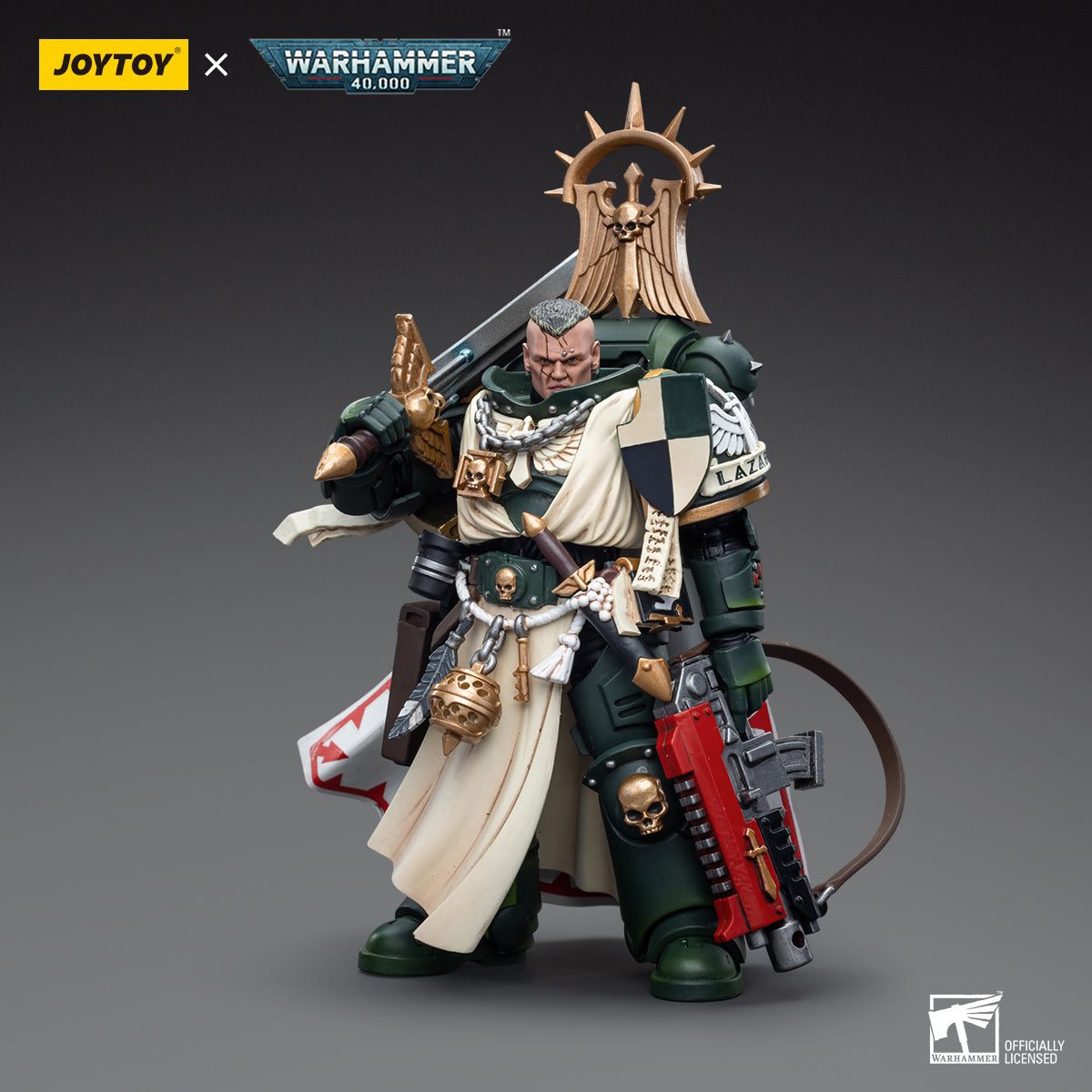 Dark Angels Master Lazarus action figure front view, showcasing his iconic armor with the Dark Angels insignia, detailed facial sculpt, and heroic pose, holding his weapon in a ready stance.