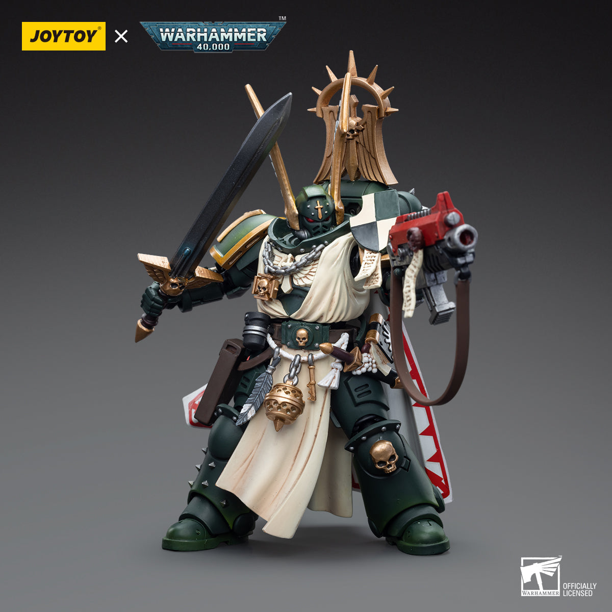 Dark Angels Master Lazarus action figure in battle stance, holding a gun in the left hand and a sword in the right hand, ready for combat, showcasing a dynamic pose with intricate details on the weaponry and armor