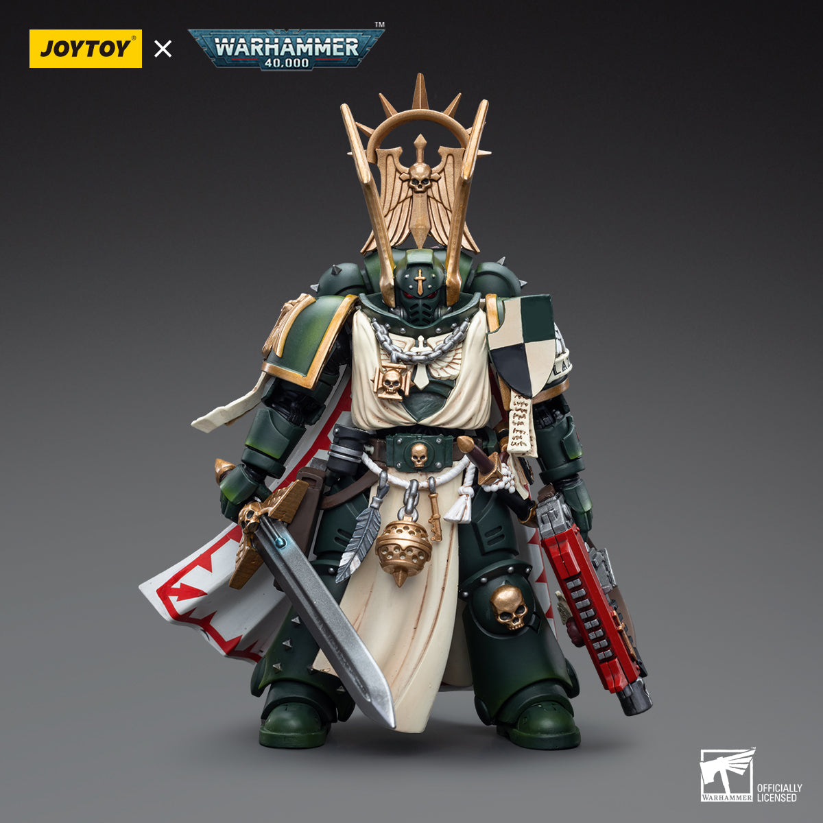 Dark Angels Master Lazarus action figure front view, showcasing his iconic armor with the Dark Angels insignia, and heroic pose, with helmet on, holding his weapon in a ready stance.