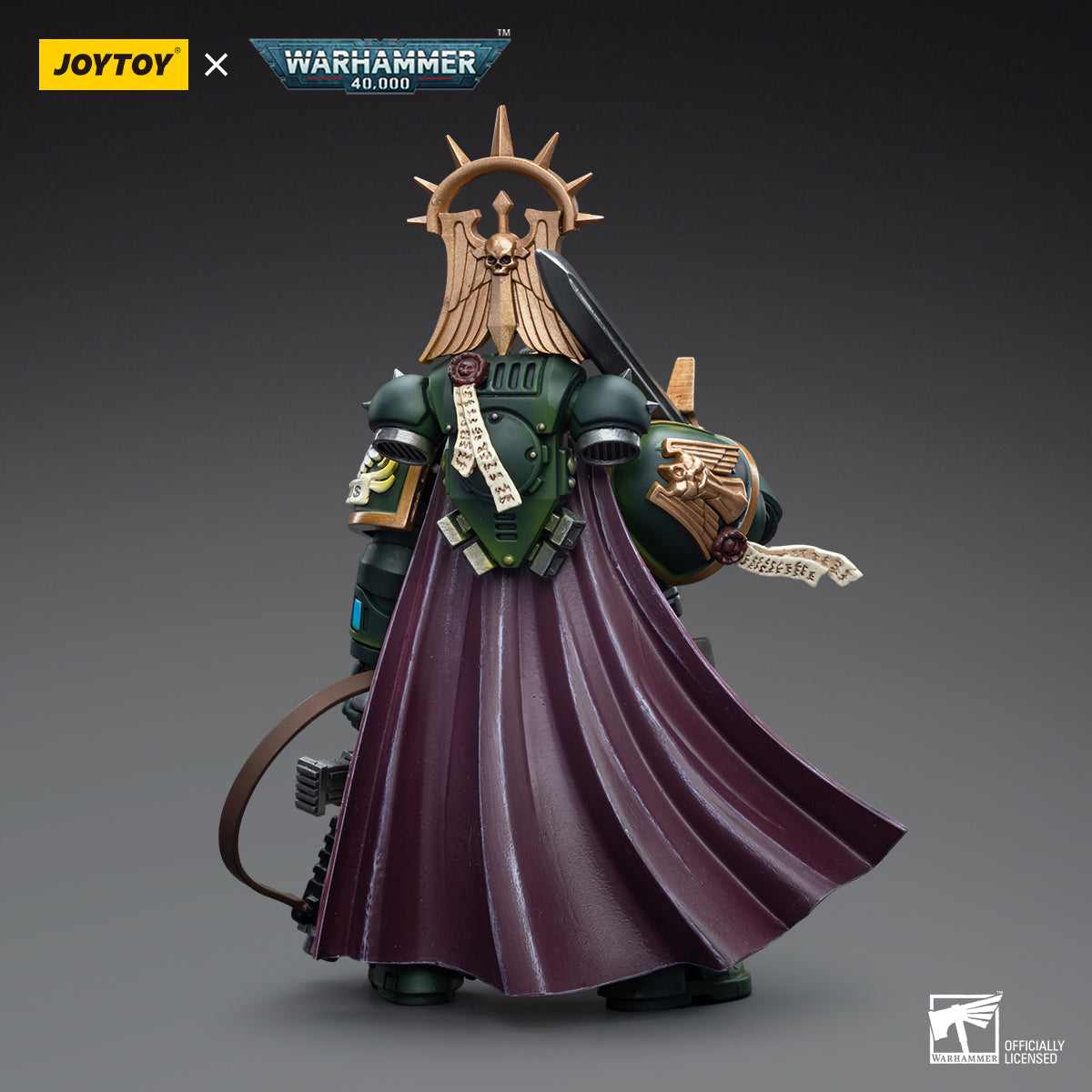 Dark Angels Master Lazarus action figure back view, showcasing the intricate back armor design, cape, and the finely detailed sculpting of his battle gear and weaponry.