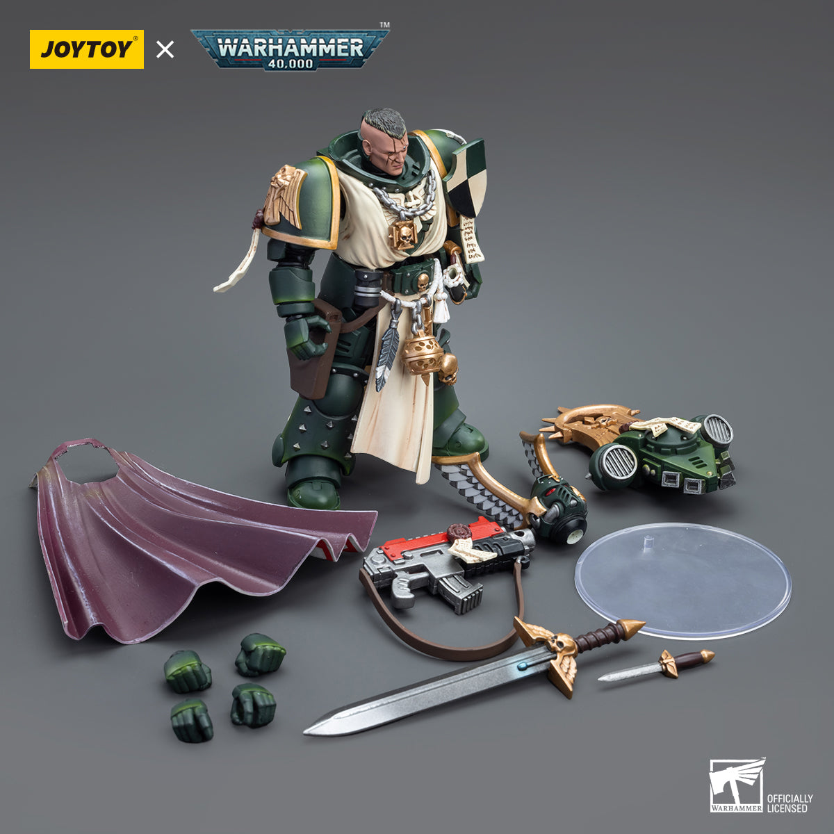 Contents of Dark Angels Master Lazarus package, including the action figure, interchangeable parts, cape, weapon (sword, knife and pistol), and accessories, all neatly packed for display or customization.