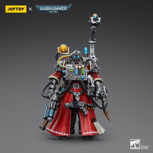 Front view of the Cybernetica Datasmith. The figure stands in a commanding pose, dressed in the distinctive armor of the Adeptus Mechanicus.