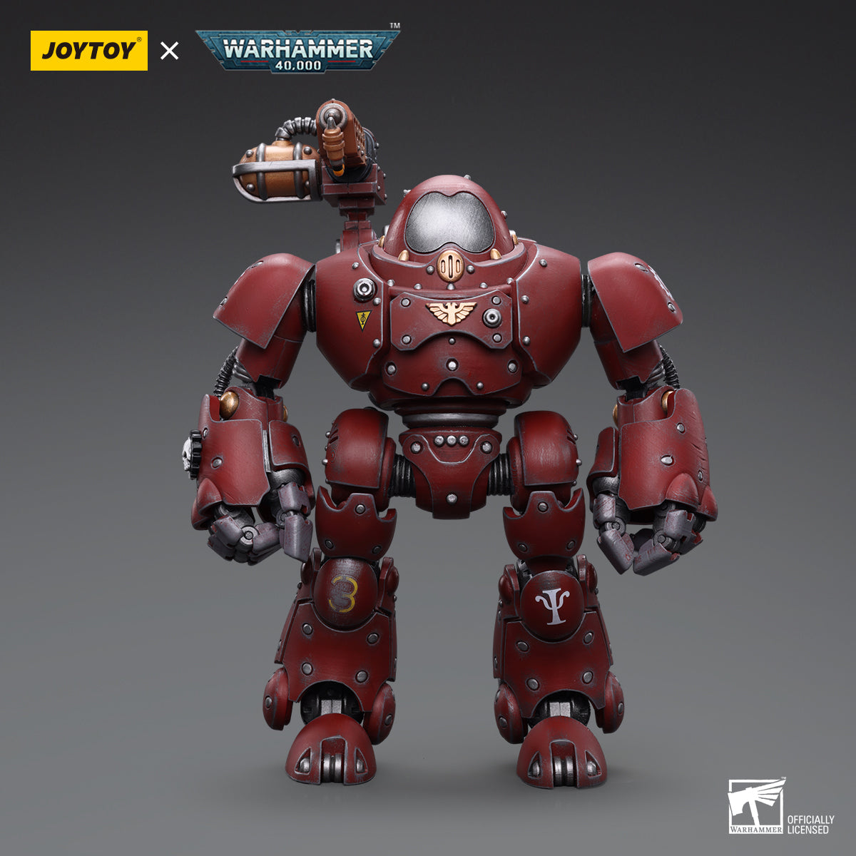 Front view of the Kastelan Robot equipped with Incendine Combustors. This towering mechanical war construct features a broad, armored chassis painted in the industrial red of the Adeptus Mechanicus.