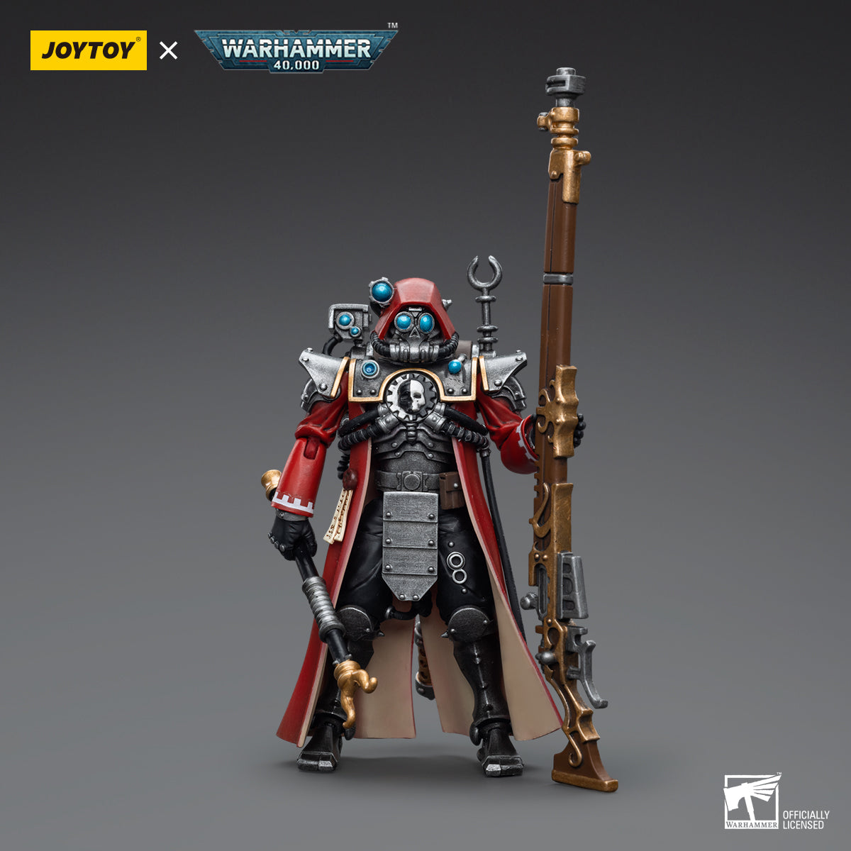 Skitarii Ranger with Transuranic Arquebus, front view. The Ranger is standing in a combat-ready position, equipped with the deadly Transuranic Arquebus aimed at an unseen enemy.
