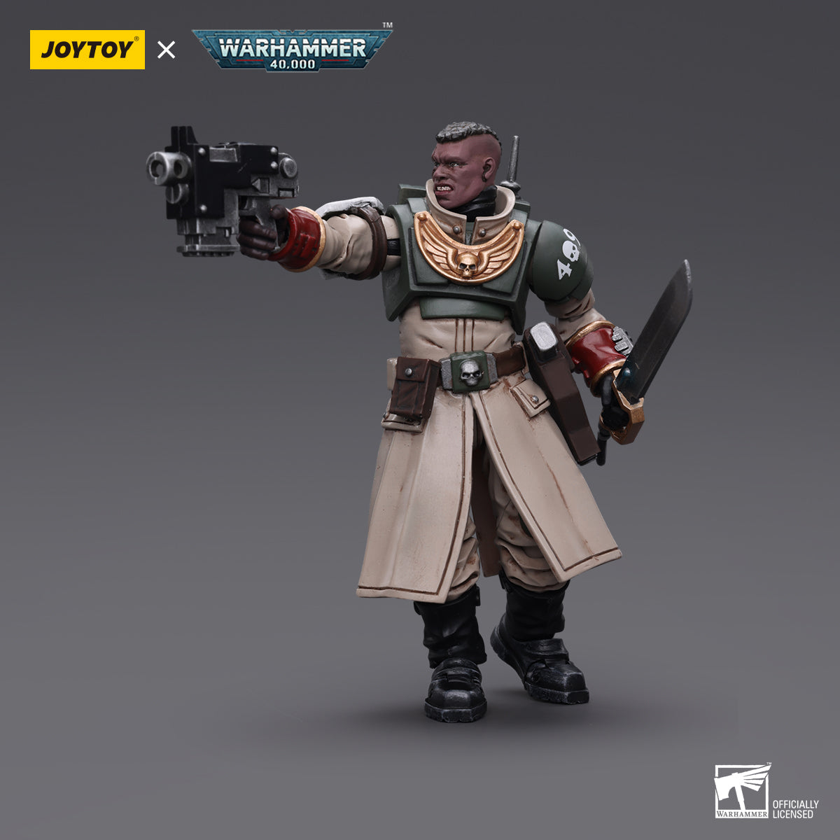 Side view of the Cadian Command Squad Commander with Power Sword. The commander is depicted in profile, his power sword held at an angle
