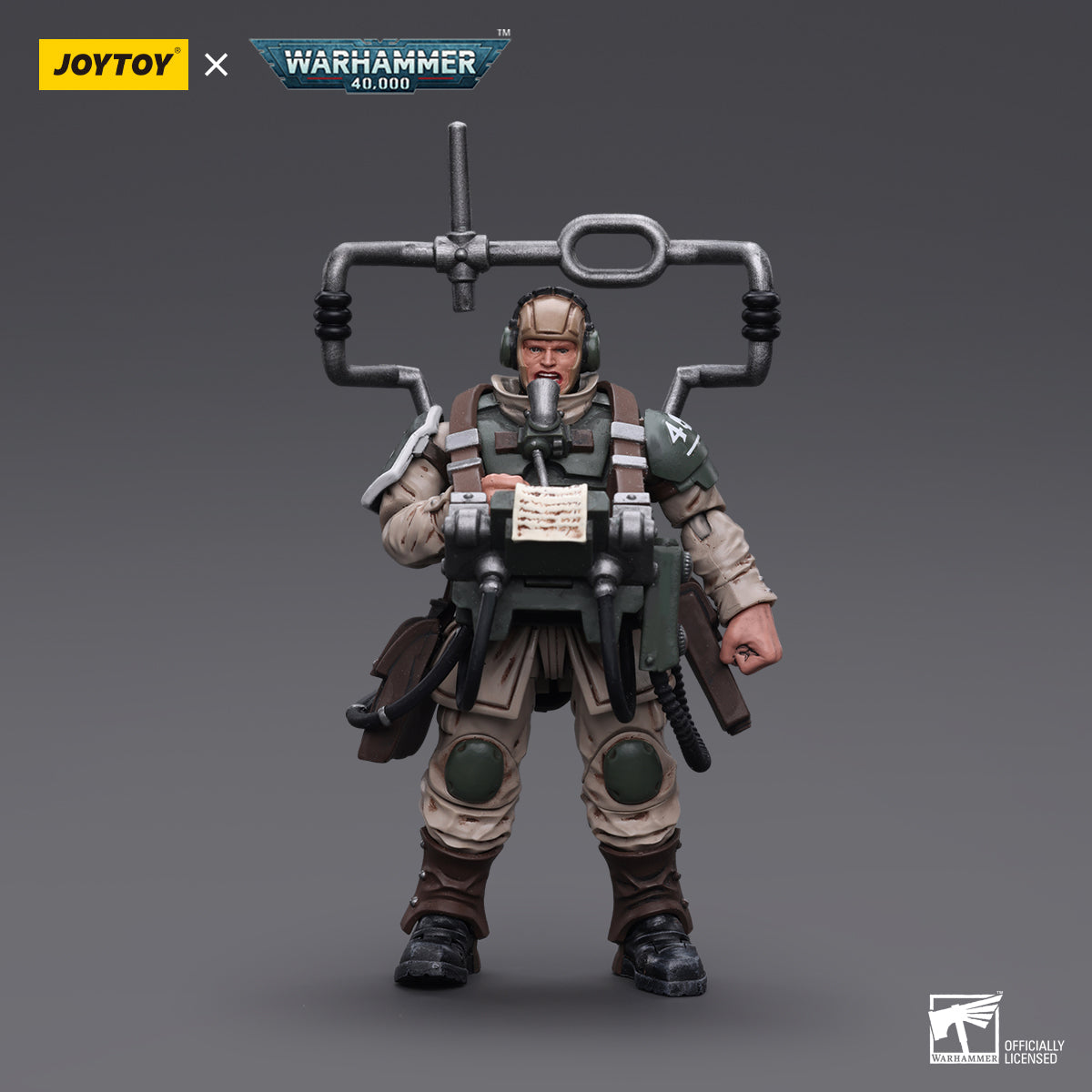Front view of the Cadian Command Squad Veteran with Master Vox, showcasing the soldier in full battle gear.
