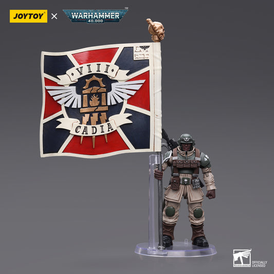 Front view of the Cadian Command Squad Veteran with Regimental Standard. The veteran stands proud, holding the regimental standard aloft.