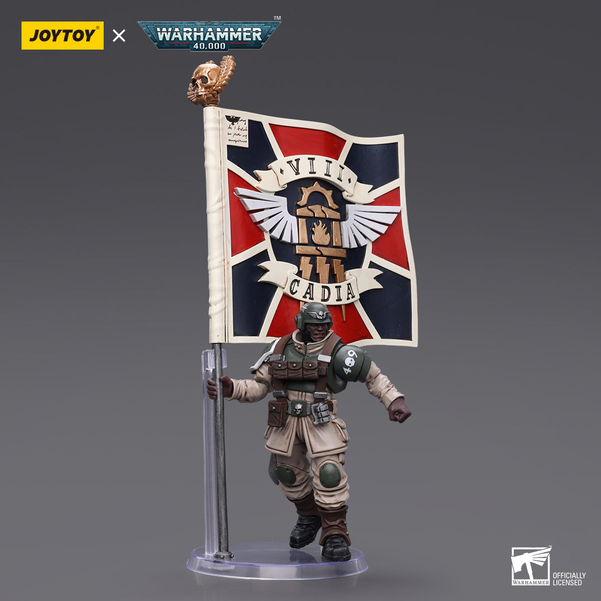 Cadian Command Squad Veteran with Regimental Standard in marching pose.