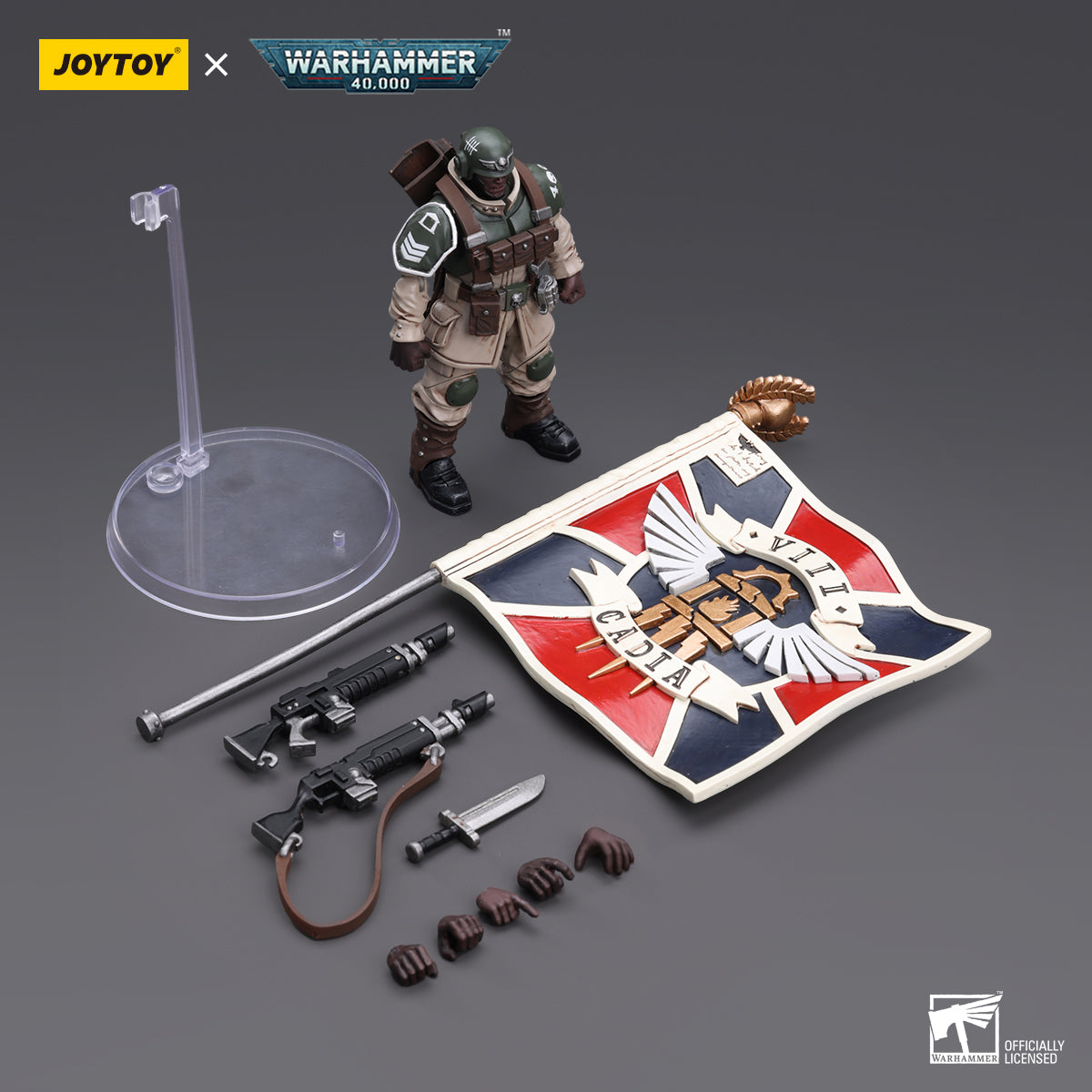 Package contents for the Cadian Command Squad Veteran with Regimental Standard. The set includes the highly detailed figure of the veteran, complete with his Cadian armor and regimental standard.