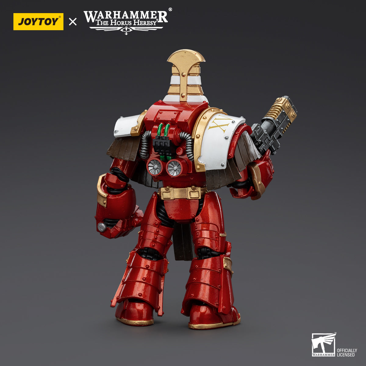 Back view of Thousand Sons Sekhmet Terminator Cabal Sekhmet with Volkite Charger and Power Fist. The figure’s power pack is visible, with the Volkite Charger and Power Fist positioned for effective battlefield action.