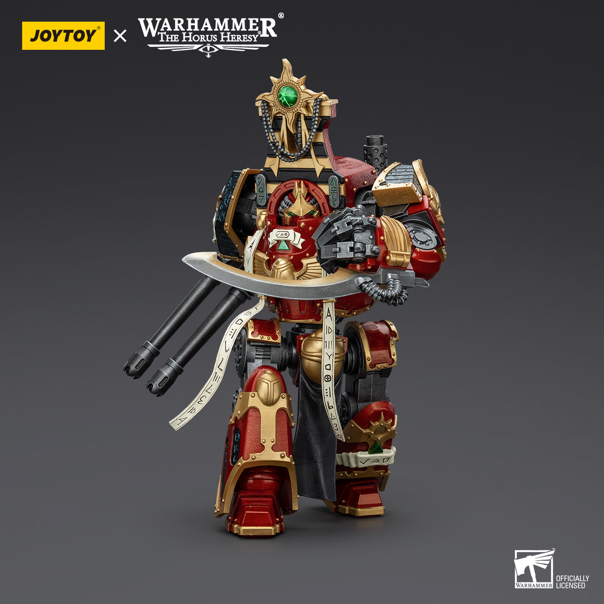 Thousand Sons Contemptor-Osiron Dreadnought with Gravis Force Blade and Gravis Autocannon in a marching pose. The Dreadnought moves forward, with its weapons at the ready and its armor glinting with the iconic Thousand Sons markings, an unstoppable force advancing on the battlefield.