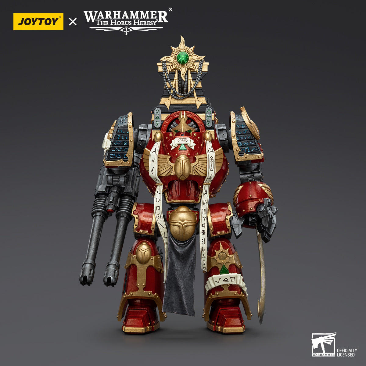 Thousand Sons Contemptor-Osiron Dreadnought with Gravis Force Blade and Gravis Autocannon, front view. The mighty Dreadnought stands tall, wielding the Gravis Force Blade in one hand and the Gravis Autocannon in the other, ready for combat.