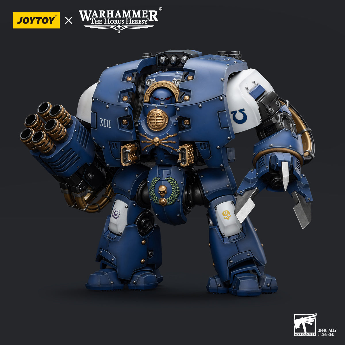 Side view of the Ultramarines Leviathan Dreadnought, showcasing the powerful Cyclonic Melta Lance mounted on the right arm, capable of melting through enemy armor with pinpoint precision. The left arm features the Siege Claws, designed for crushing vehicles and infantry with devastating force