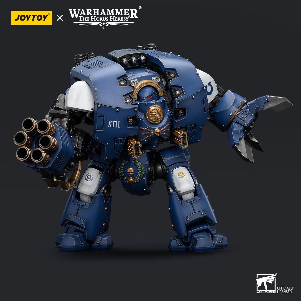 Side view of the Ultramarines Leviathan Dreadnought, showcasing the powerful Cyclonic Melta Lance mounted on the right arm, capable of melting through enemy armor with pinpoint precision.