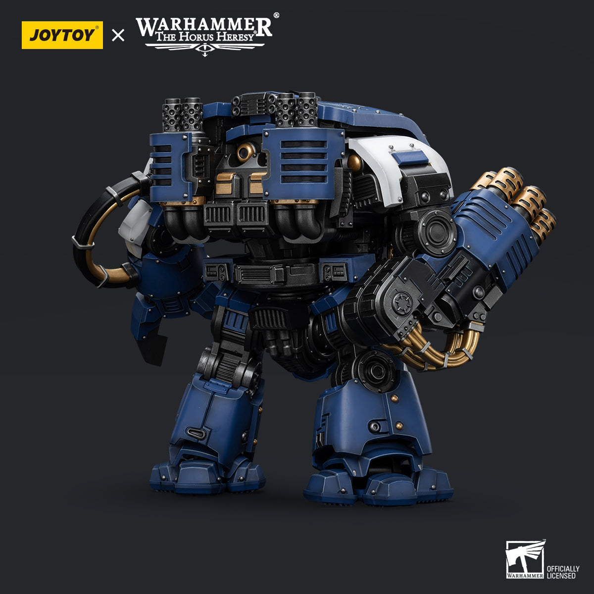 Back view of the Ultramarines Leviathan Dreadnought, displaying its reinforced rear armor and heavy weaponry. The back is equipped with additional armor plating for protection and supports the Dreadnought’s movement, with power coils and exhaust vents visible for propulsion.