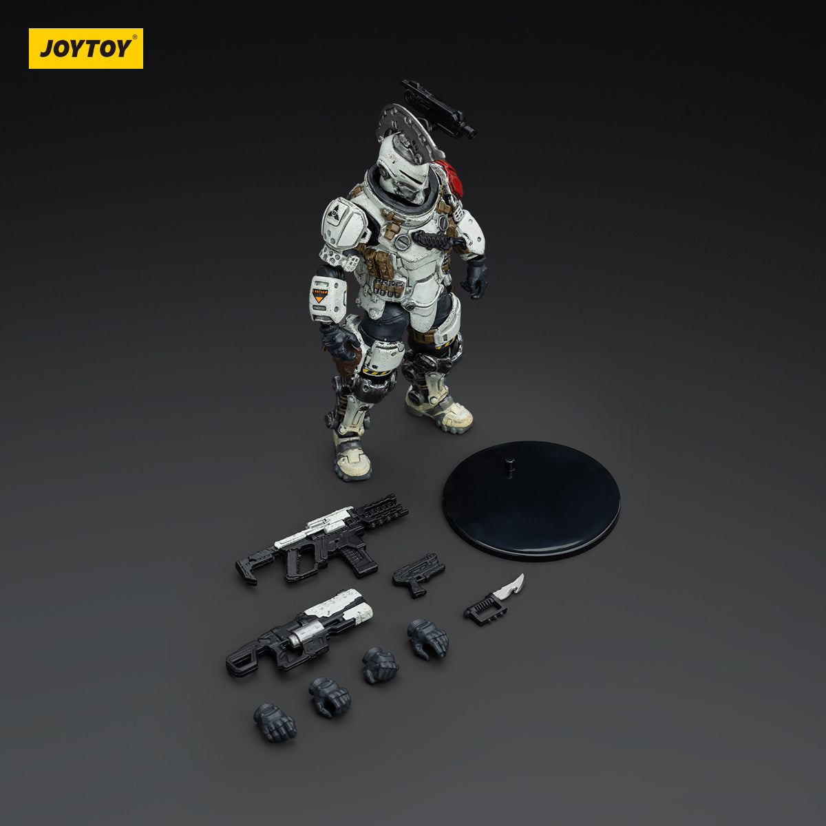 Package contents for Sorrow Expeditionary Forces - 09th Legion Assault Company - Sergeant Major. Includes the figure, interchangeable hands, rifle, blade, and accessories.