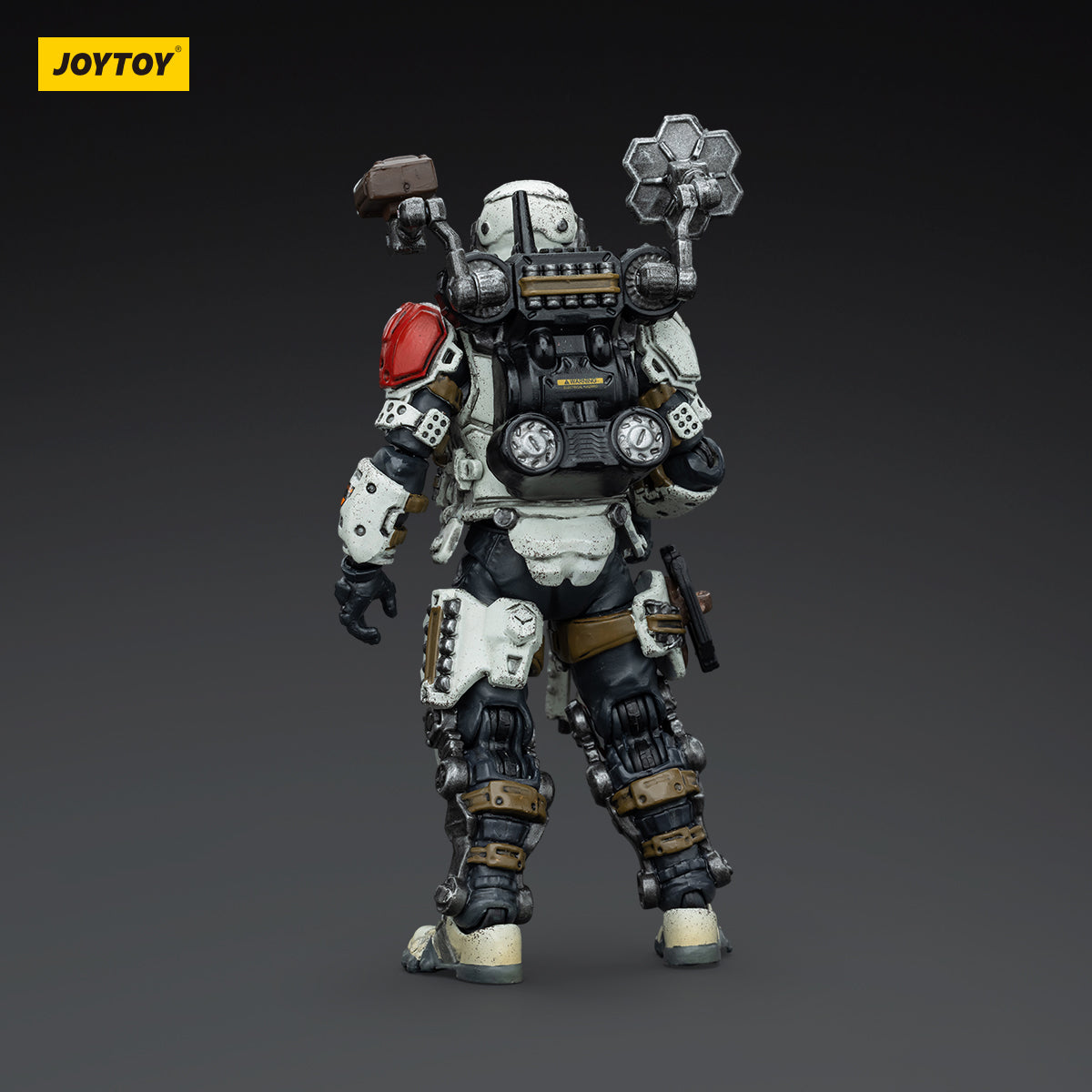 Rear view of 09th Legion Assault Company - Signaller figure. Highlights comms antenna, backpack cables, and armor plating.