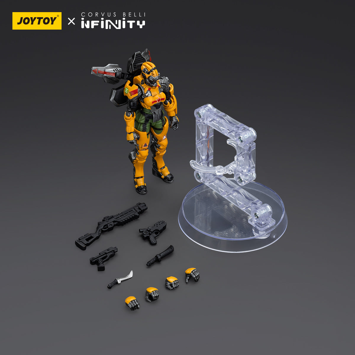 Package contents for Yu Jing Black Ops - Tiger Soldier Female, including the figure, interchangeable hands, weapons, and armor accessories.