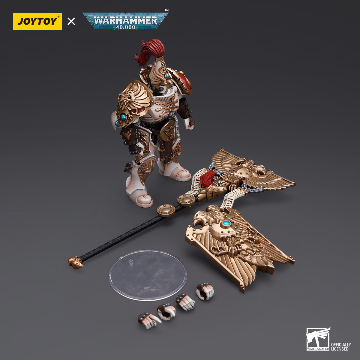 Package contents for Adeptus Custodes Vexilus Praetor of the Solar Watch, including the figure, Vexilla standard, interchangeable hands, and armor accessories for assembly.