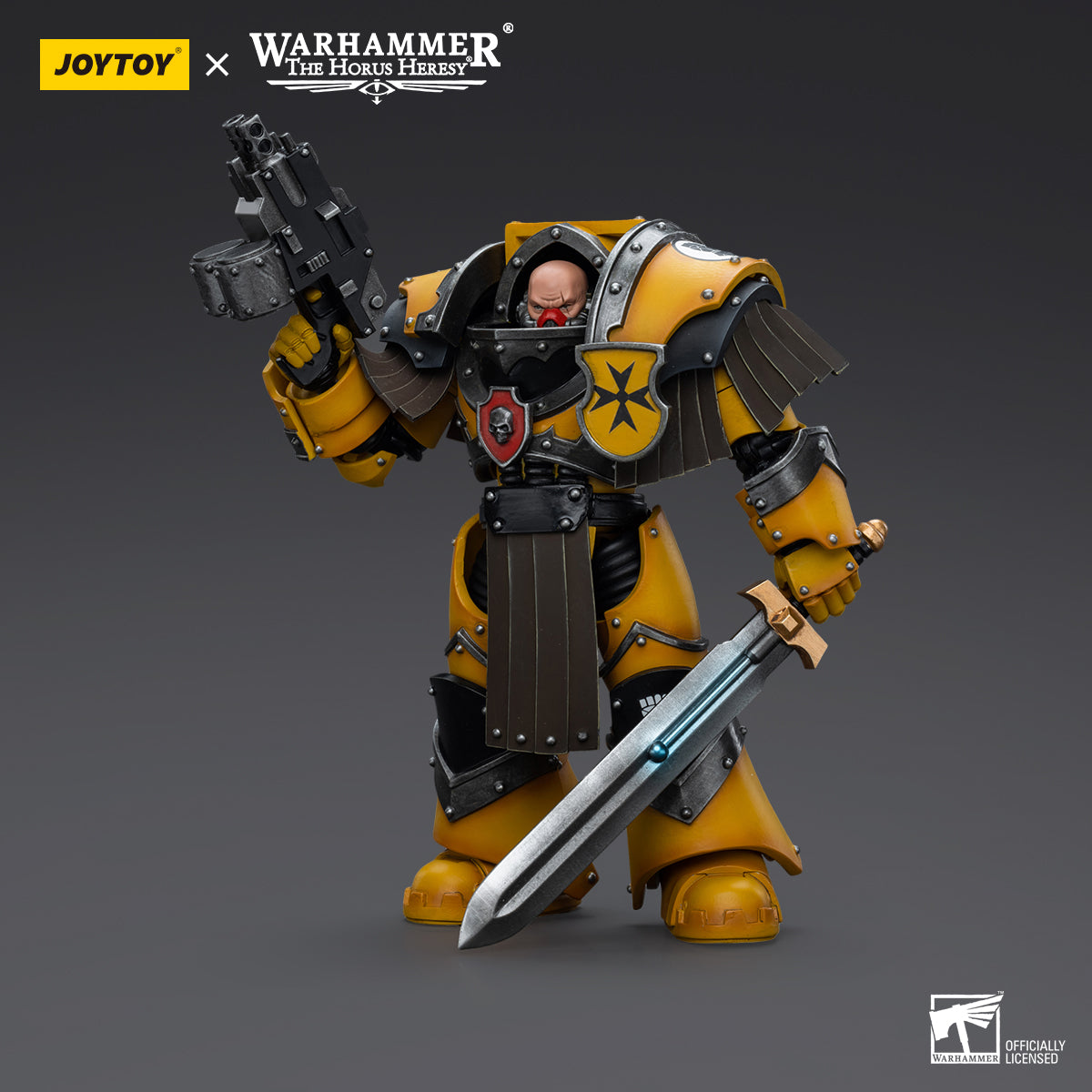 Side view of Imperial Fists Cataphractii Terminator Sergeant with Power Sword, showcasing the profile of the armored sergeant, with the power sword in hand and the robust, angular Terminator armor emphasizing his combat readiness.