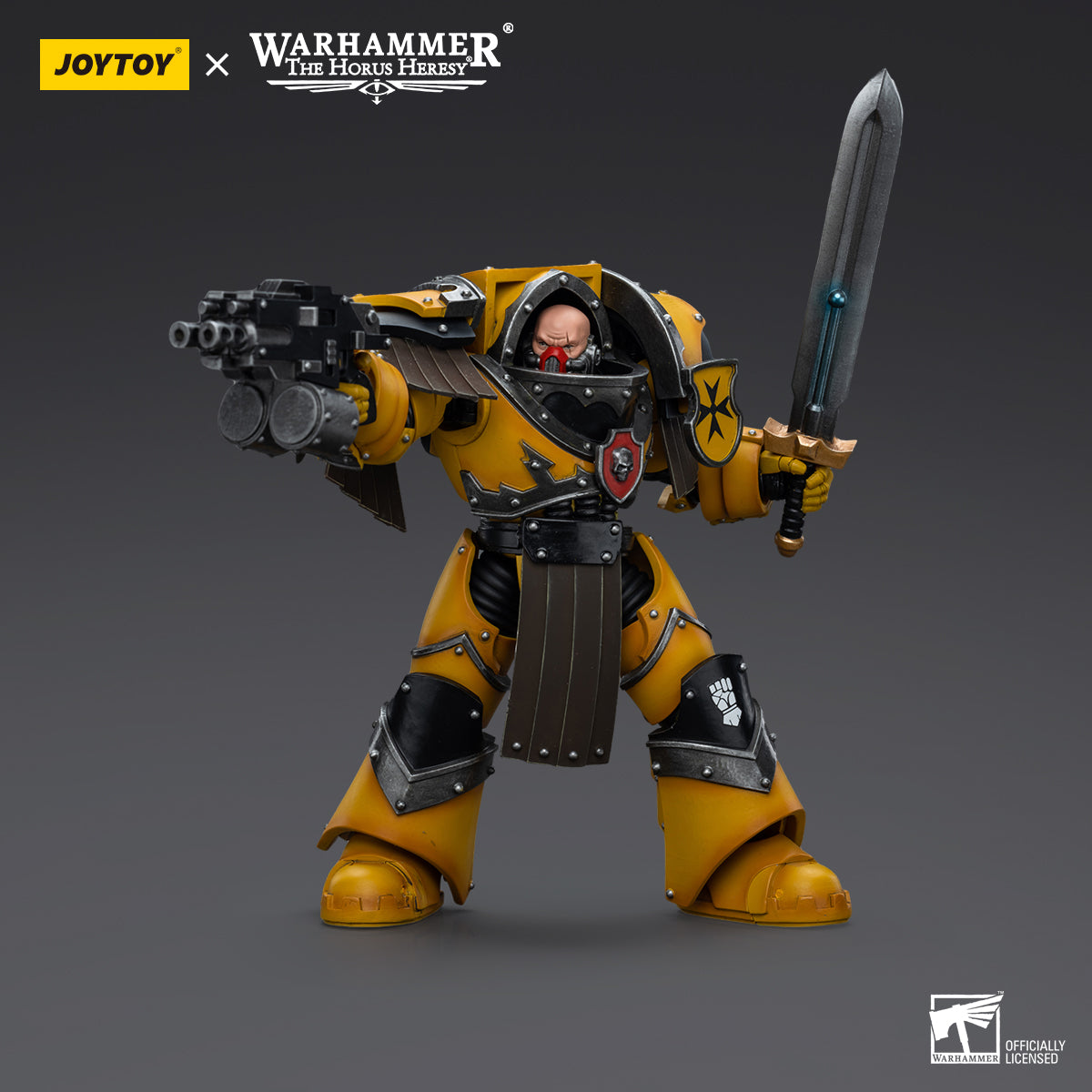 Imperial Fists Cataphractii Terminator Sergeant with Power Sword in combat stance, gripping the sword firmly and prepared for battle.