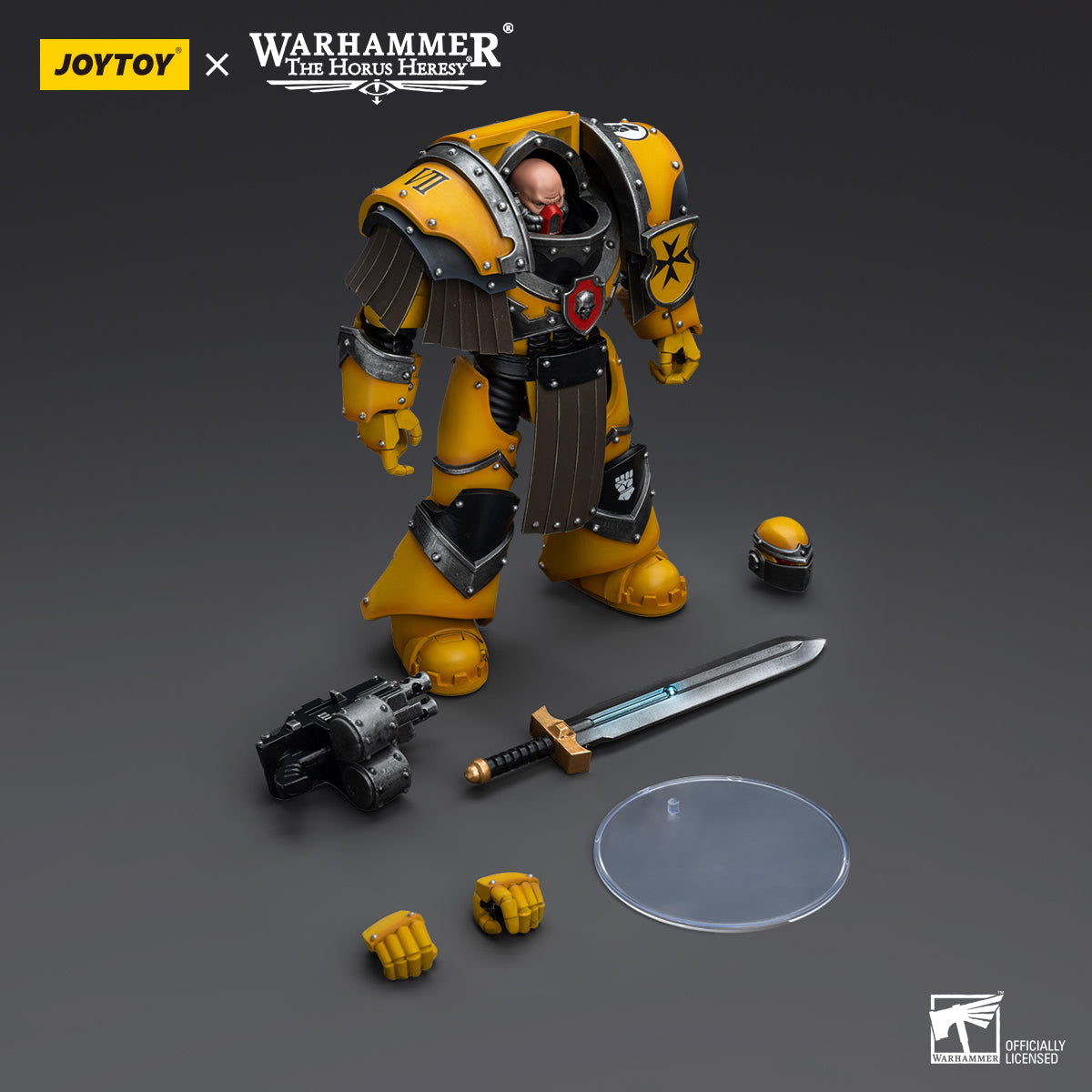 Package contents for Imperial Fists Cataphractii Terminator Sergeant with Power Sword, including the figure, power sword, interchangeable hands