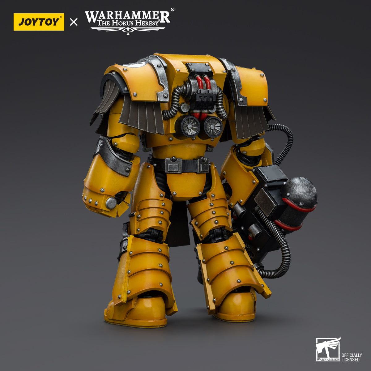 Back view of Imperial Fists Cataphractii Terminator with Heavy Flamer, highlighting the power pack and heavy flamer mounted on the rear.