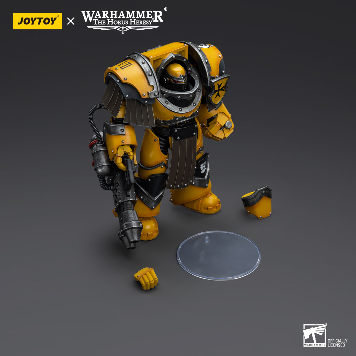 Package contents for Imperial Fists Cataphractii Terminator with Heavy Flamer, including the figure, heavy flamer, interchangeable hands, and armor accessories