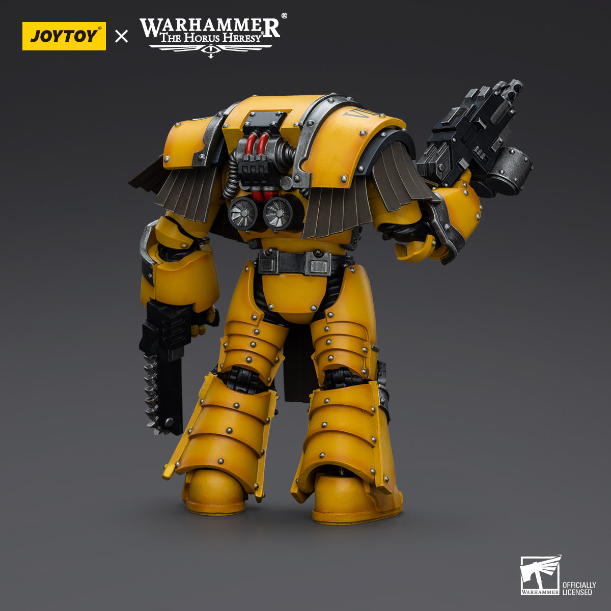 Back view of Imperial Fists Cataphractii Terminator with Chainfist, focusing on the power pack and the rear armor.