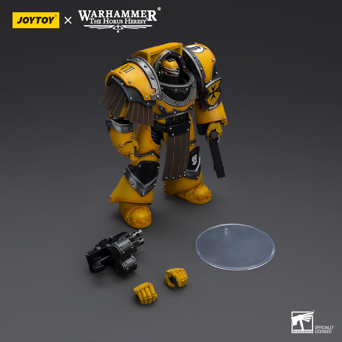 Package contents for Imperial Fists Cataphractii Terminator with Chainfist, including the figure, Chainfist, interchangeable hands