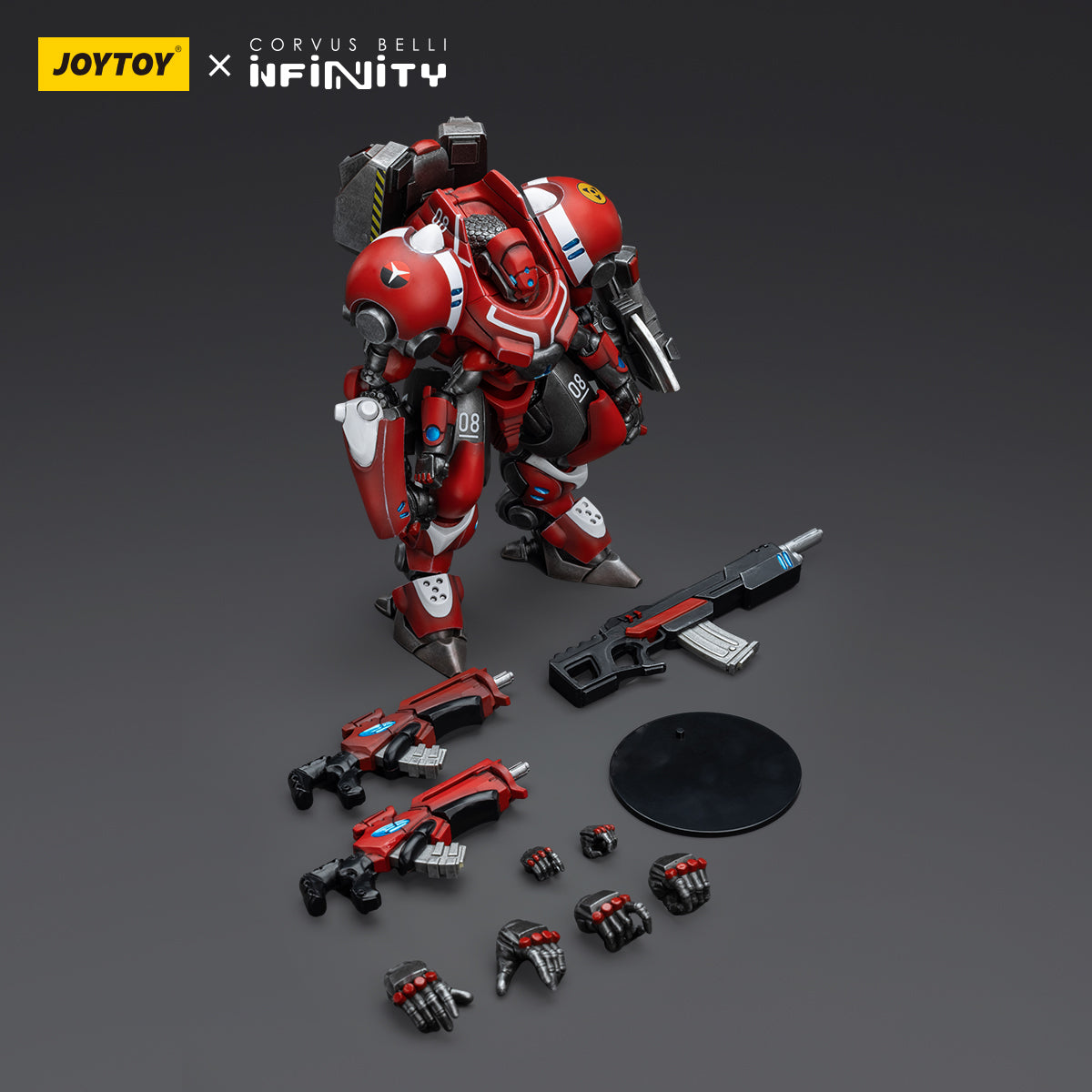 Package contents for Nomads - Gecko Squadron, featuring the mecha figure, multiple interchangeable weapons, armor pieces, and accessories for customizable poses and tactical setups.