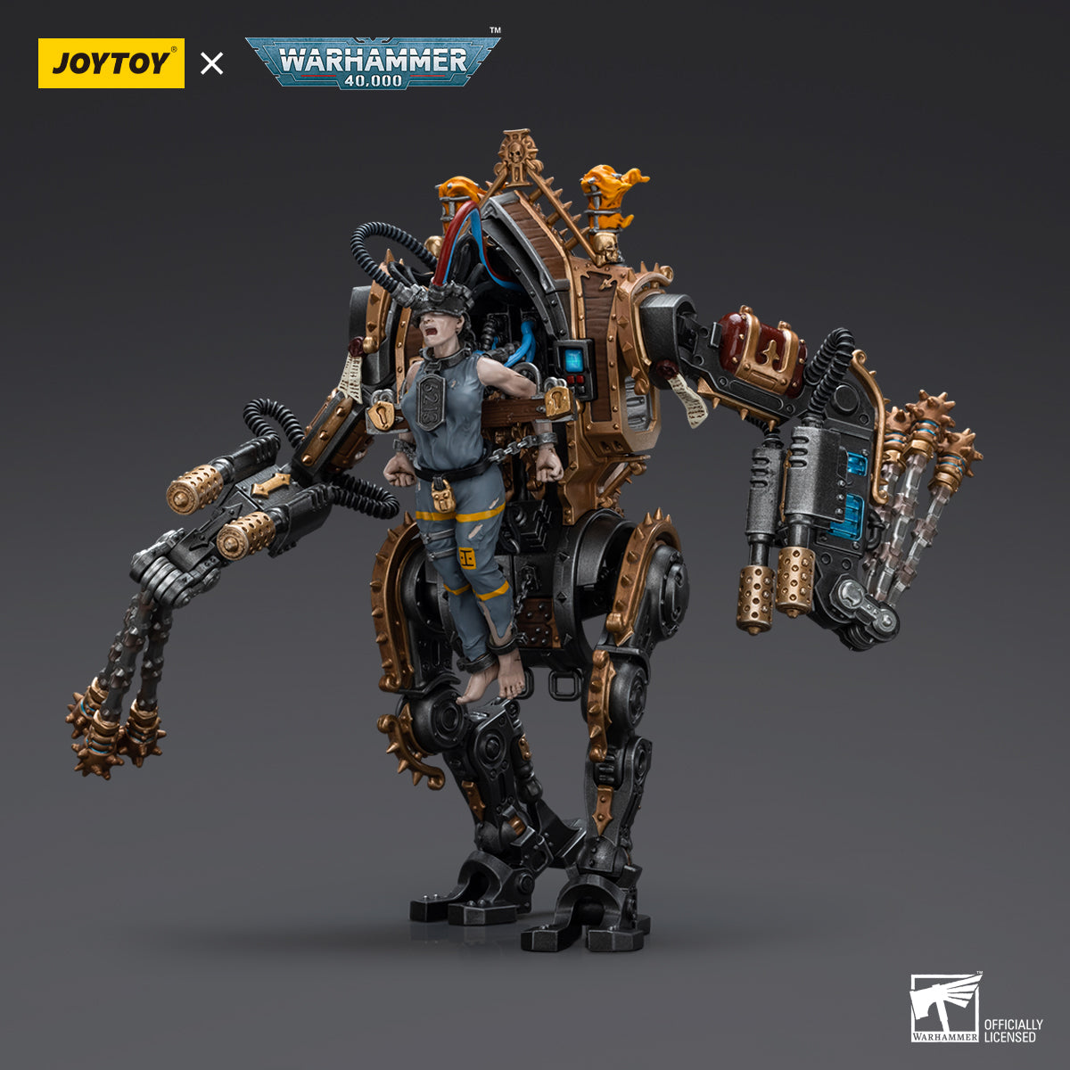 Adepta Sororitas Penitent Engine in a combat-ready stance, wielding its massive Penitent Flails with intense fury, the armored body poised to strike.