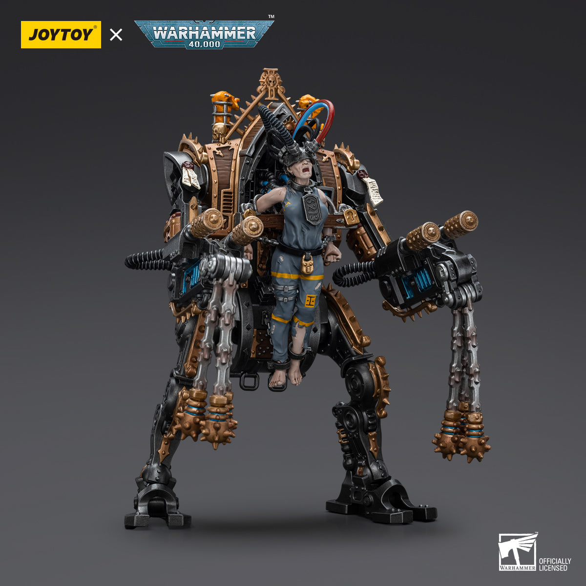 Side view of Adepta Sororitas Penitent Engine with Penitent Flails, highlighting the profile of the machine’s imposing figure, the flails positioned for action, and the detailed armor plating.