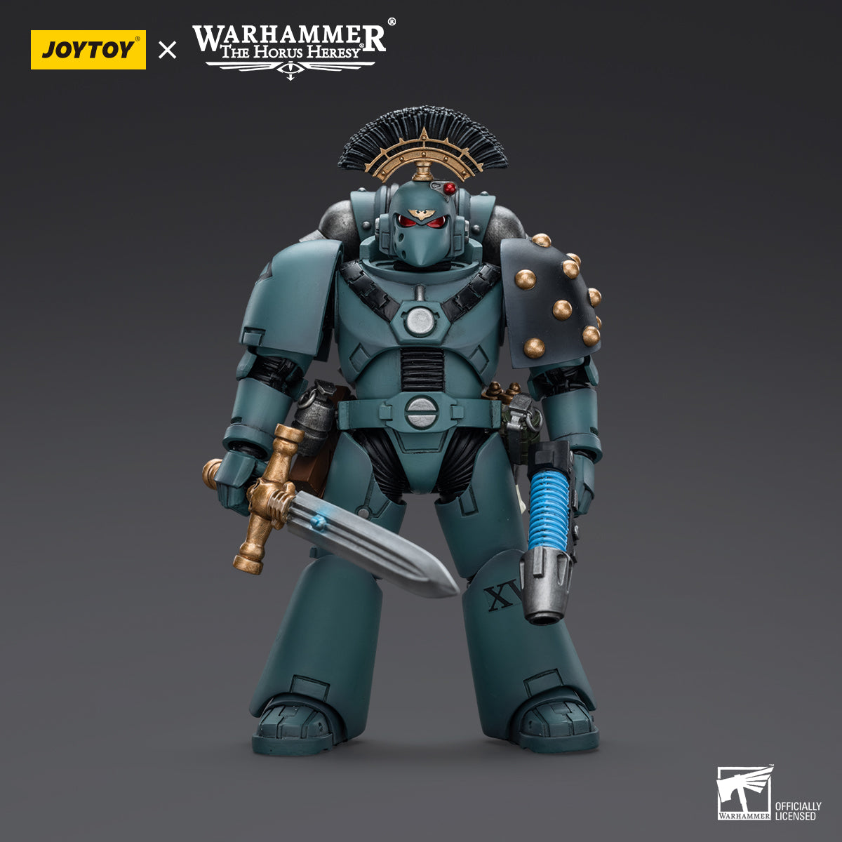 Sons of Horus MKVI Tactical Squad Sergeant with Power Sword, front view. The Sergeant stands ready for battle, gripping the Power Sword in one hand, with detailed MKVI armor and Sons of Horus insignia clearly visible.