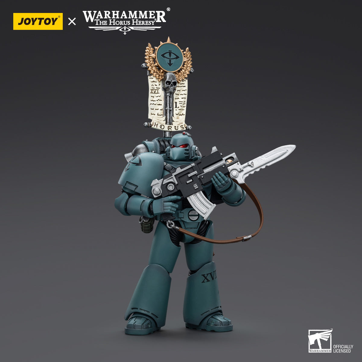 Side view of Sons of Horus MKVI Tactical Squad Legionary with Legion Vexilla, showcasing the figure’s profile and the Vexilla held upright, displaying the detailed MKVI armor and banner.