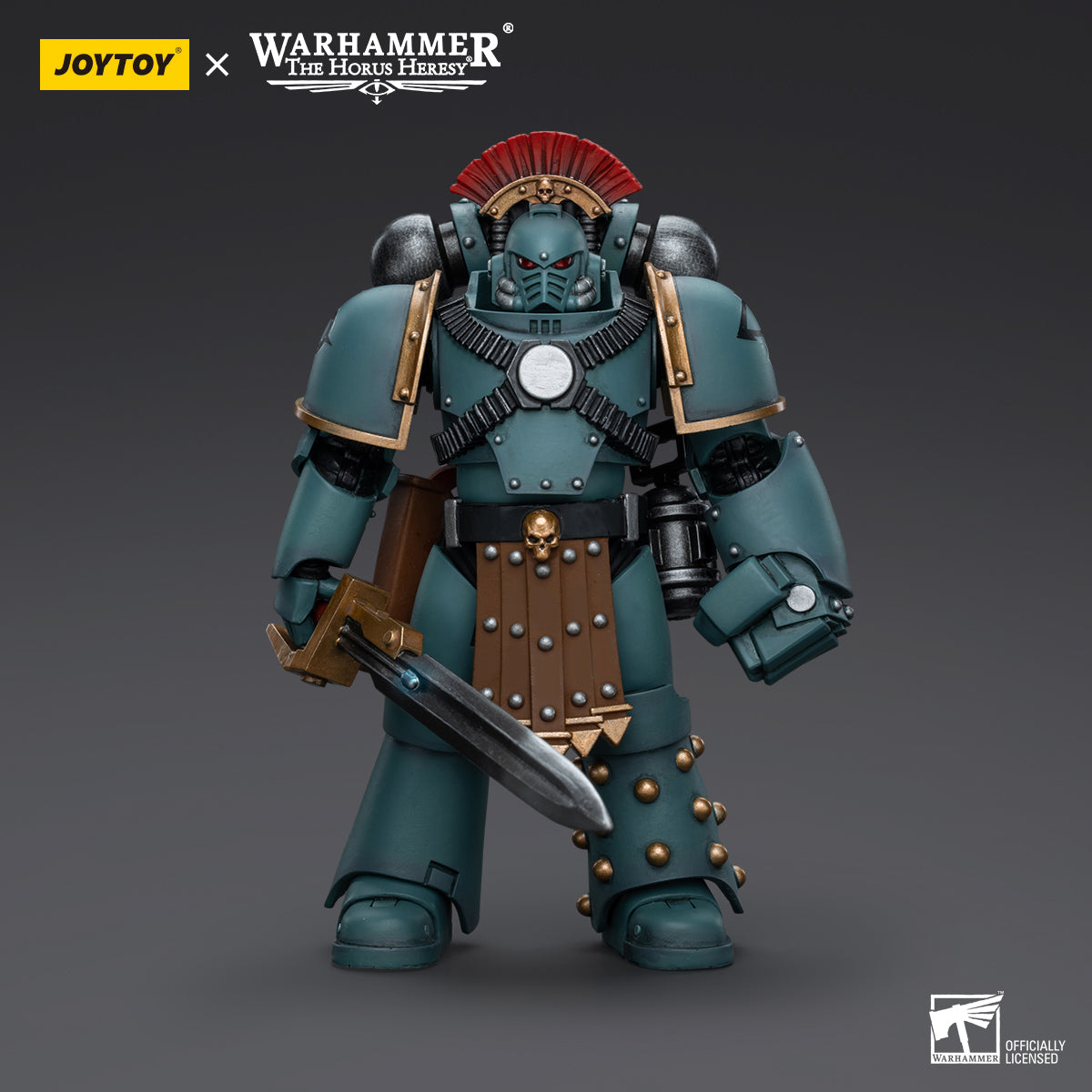 Sons of Horus MKIV Tactical Squad Sergeant with Power Fist, front view. The Sergeant stands in a commanding pose, gripping the massive Power Fist in one hand, with detailed MKIV armor and Sons of Horus insignia visible.
