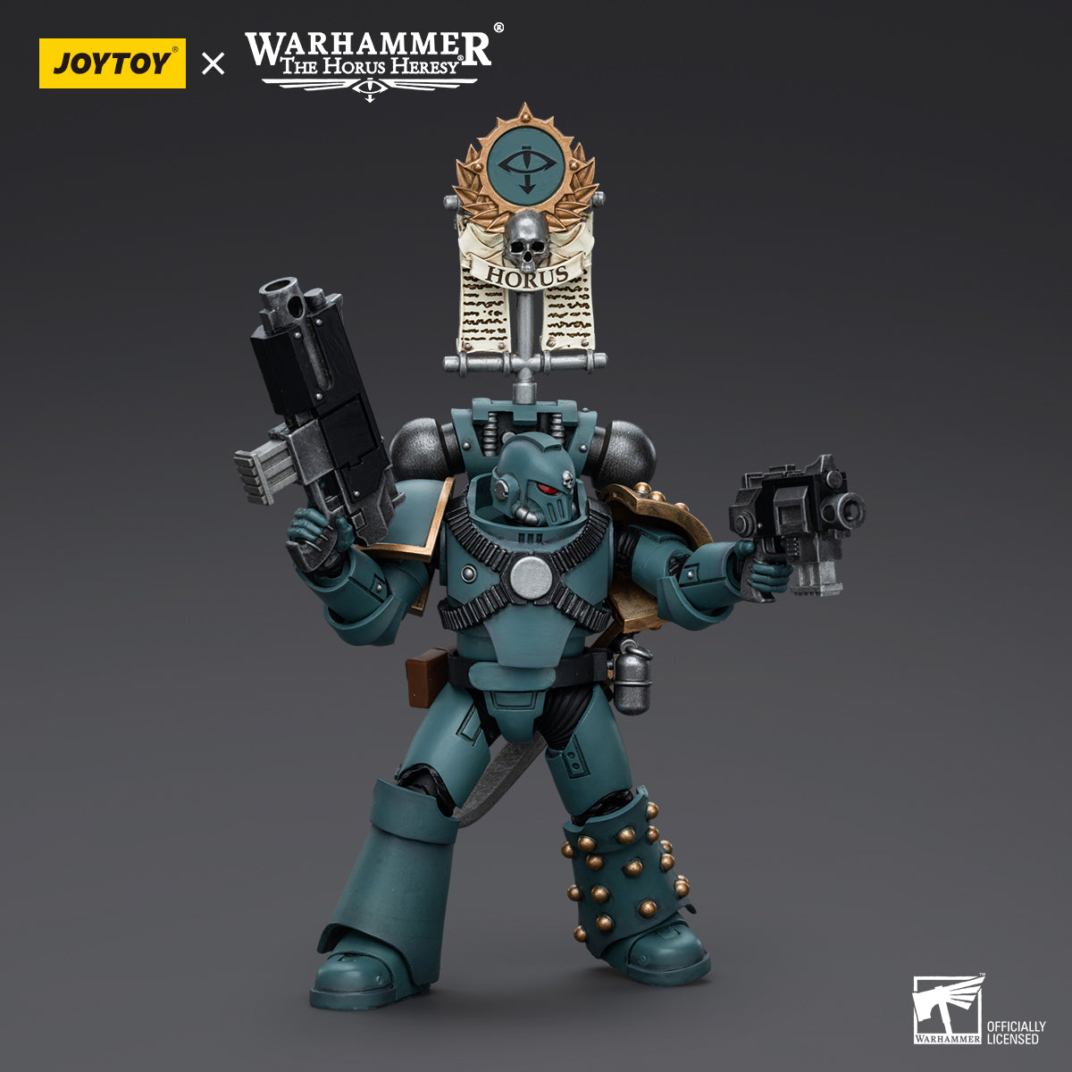 Sons of Horus MKVI Tactical Squad Legionary with Legion Vexilla in combat stance, holding the Vexilla high as a rallying symbol, ready to lead the charge with full armor.