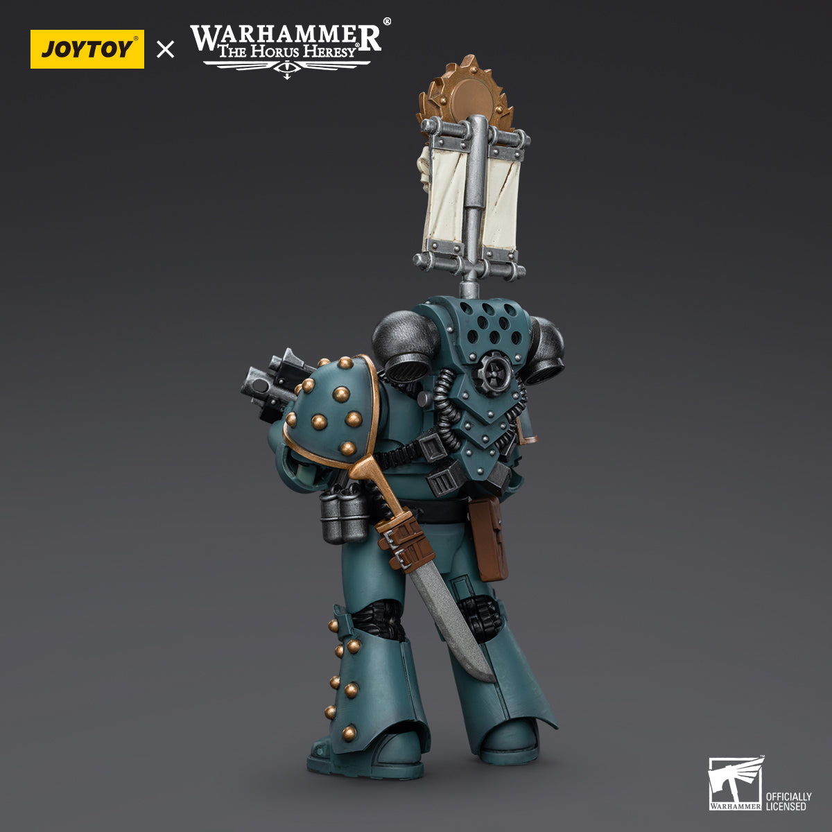 Back view of Sons of Horus MKVI Tactical Squad Legionary with Legion Vexilla, highlighting the rear armor, power pack, and the banner's placement on the figure.