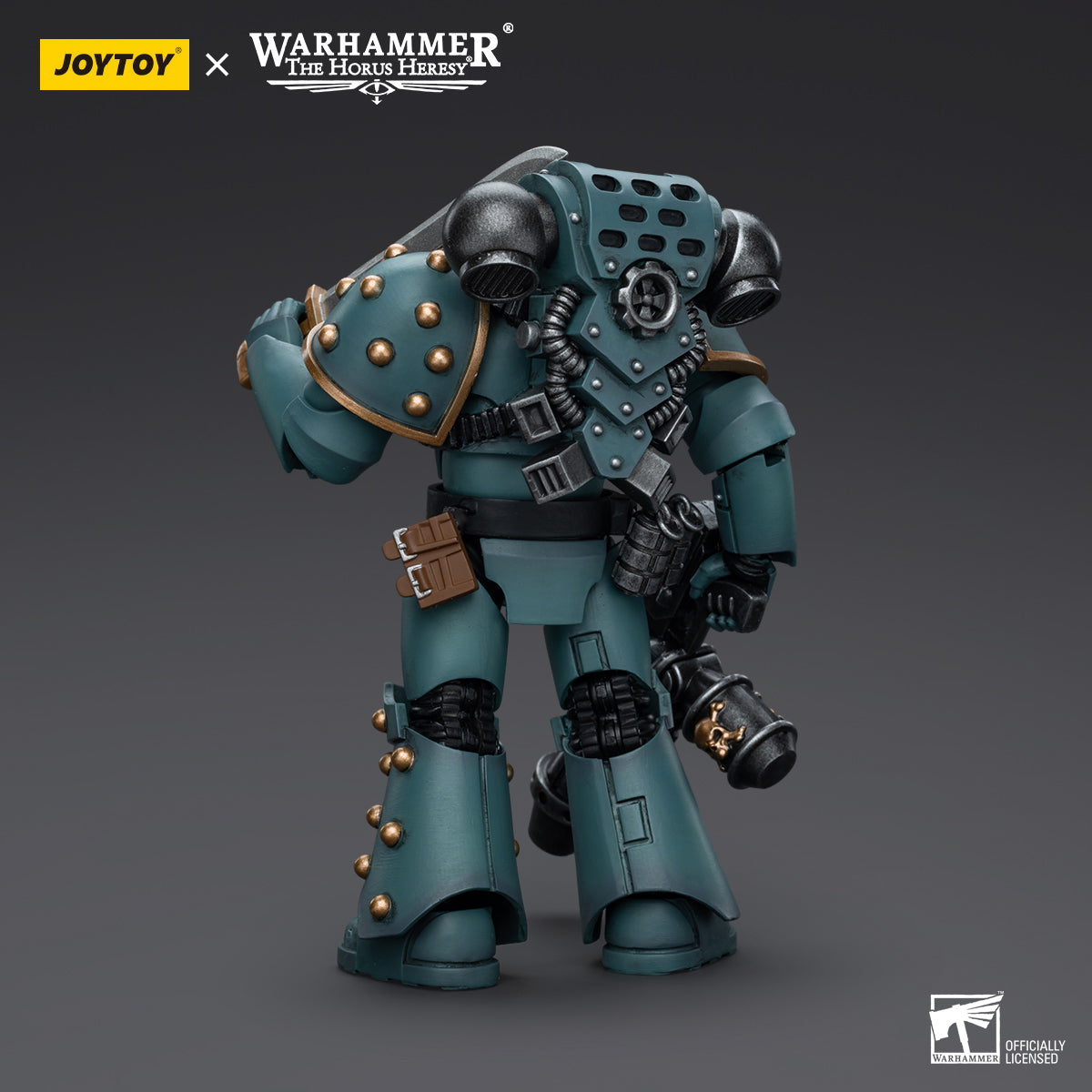 Back view of Sons of Horus MKIV Tactical Squad Legionary with Flamer, highlighting the rear armor, power pack, and the positioning of the Flamer on the figure.