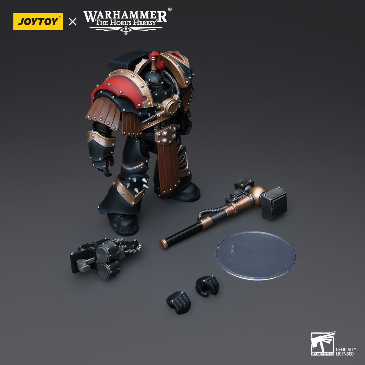 Package contents for Sons of Horus Justaerin Terminator with Thunder Hammer, including the figure, Thunder Hammer, interchangeable hands, and armor accessories.