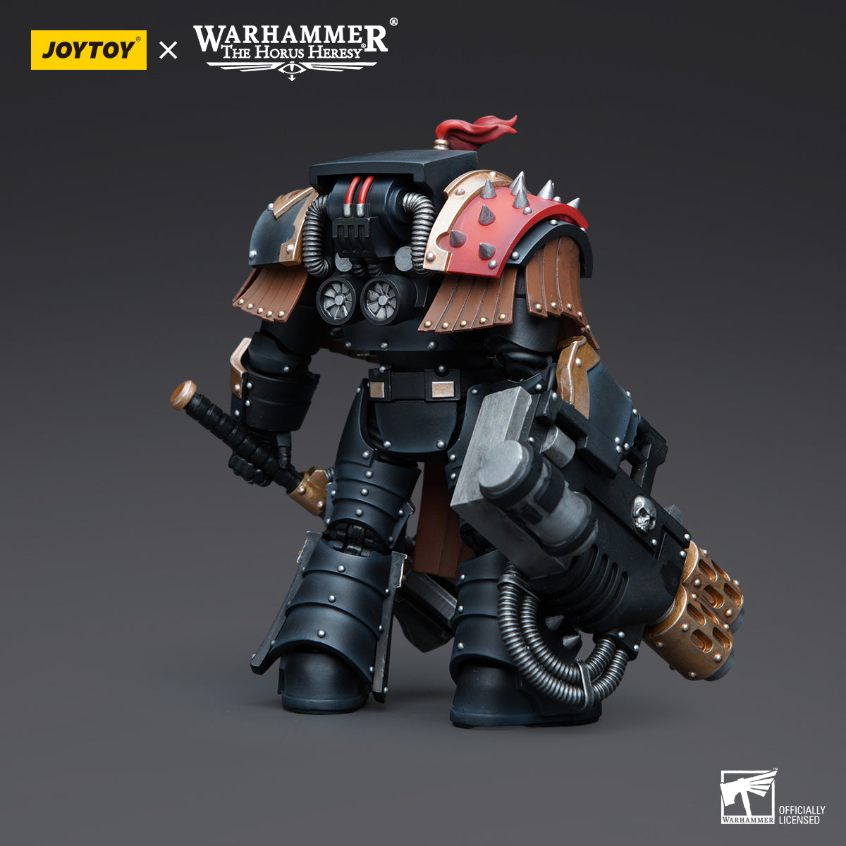 Back view of Sons of Horus Justaerin Terminator with Multi-melta and Power Maul, focusing on the rear of the Terminator’s armor, the power pack, and the positioning of the Multi-melta and Power Maul for combat readiness.