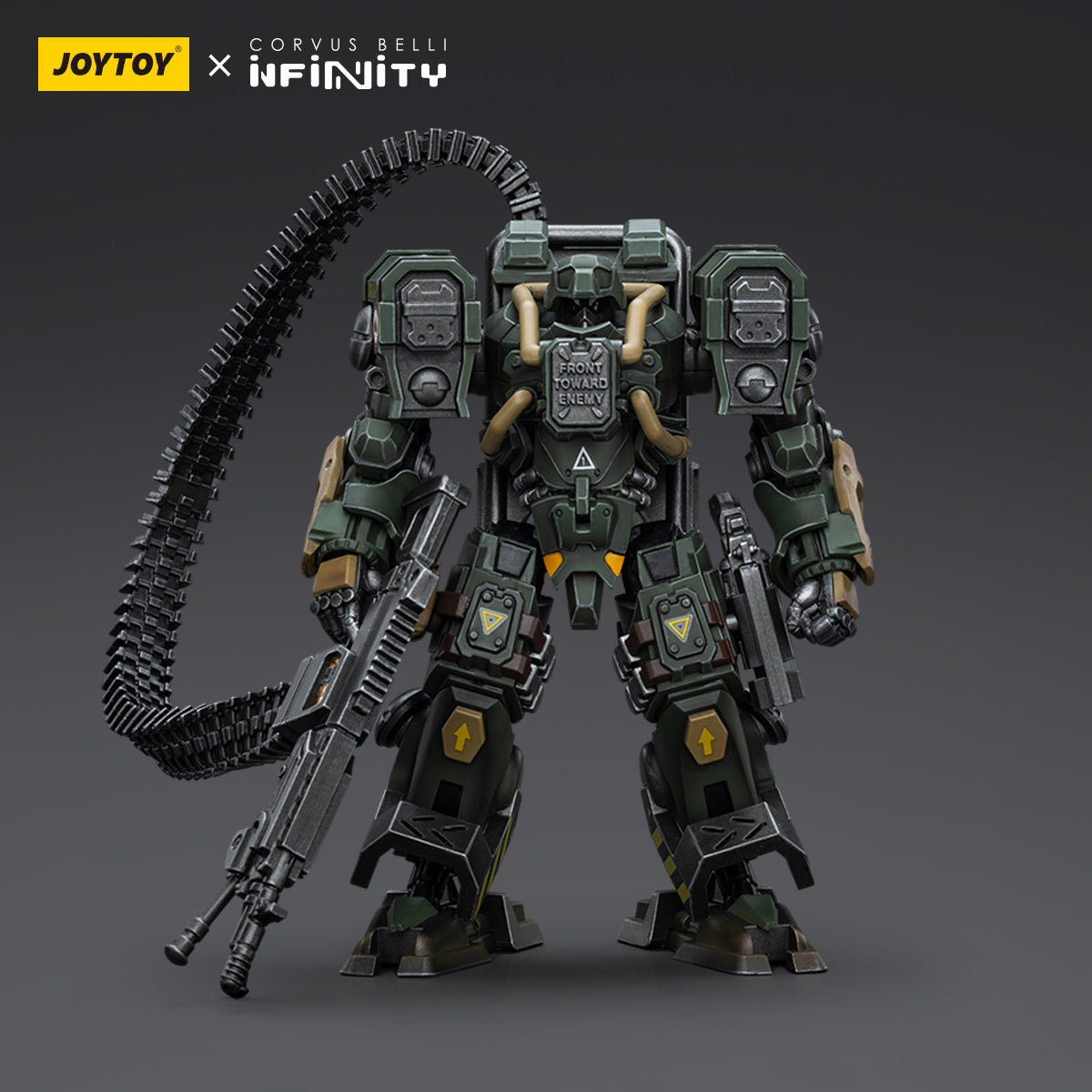 Ariadna - Blackjacks - 10th Heavy Ranger Bat (AP HMG), front view. The mecha stands tall with a formidable armored frame and heavy AP HMG (Anti-Personnel Heavy Machine Gun) 