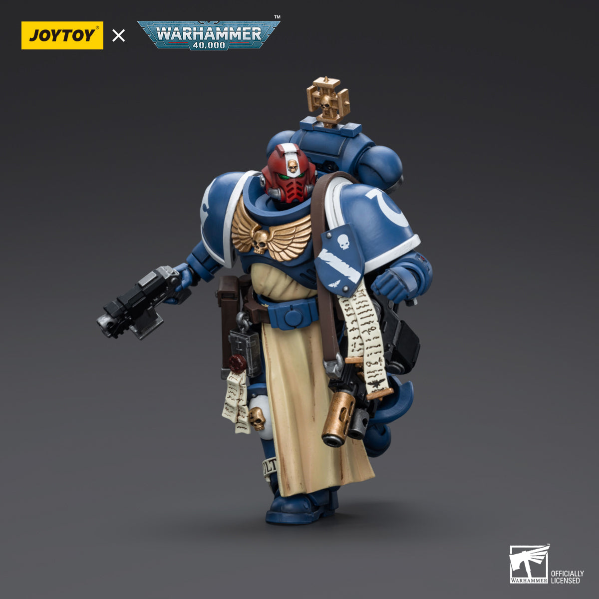 Side view of Ultramarines Sternguard Veteran Sergeant action figure, showcasing intricate armor details and combat gear
