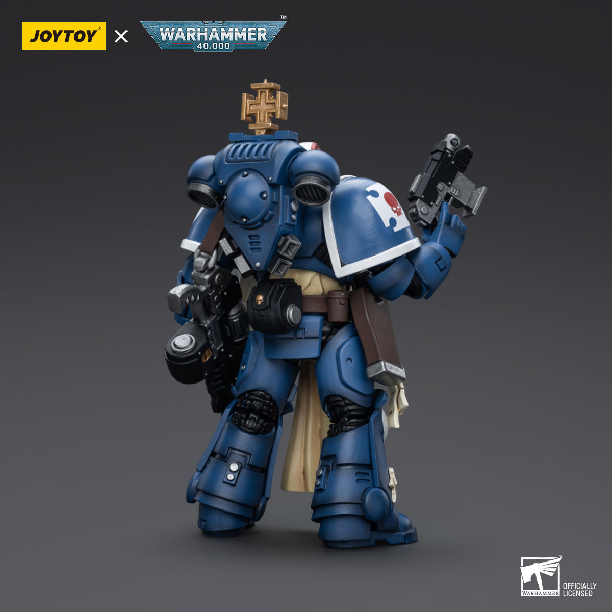 Back view of Ultramarines Sternguard Veteran Sergeant action figure, highlighting detailed armor and weapon attachments
