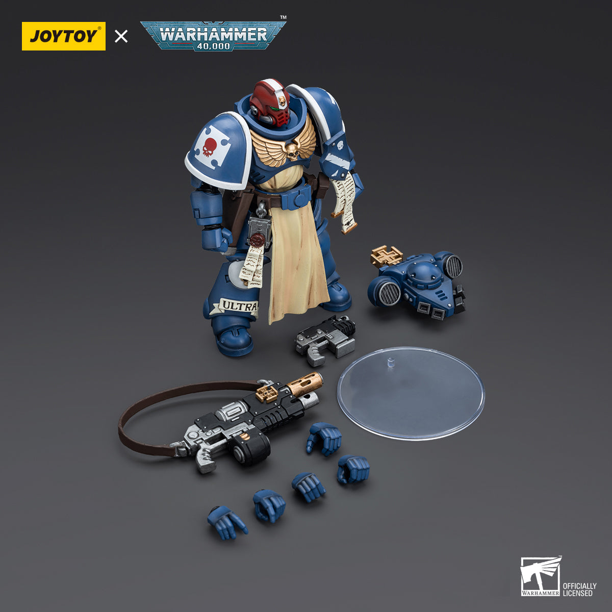 Contents of JoyToy Warhammer 40K Ultramarines Sternguard Veteran Sergeant action figure, including the detailed action figure, accessories like interchangable hands and weapons, all presented in an organized manner