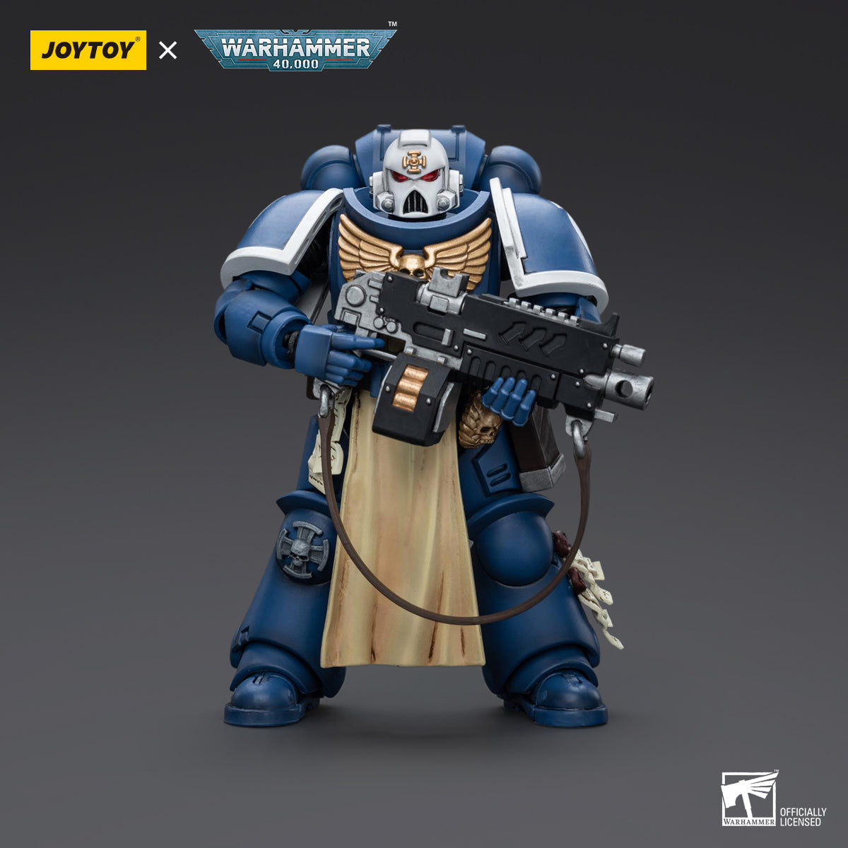 Front view of Ultramarines Sternguard Veteran, with both hands holding a Auto Bolt Rifle