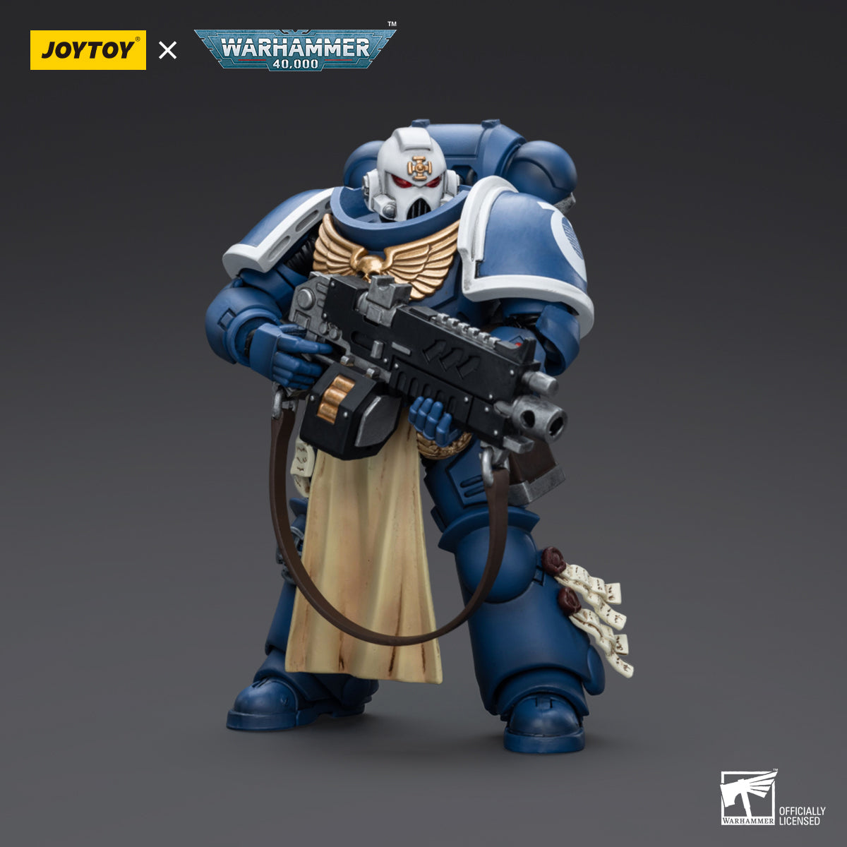 Side view of Ultramarines Sternguard Veteran, with both hands holding a Auto Bolt Rifle