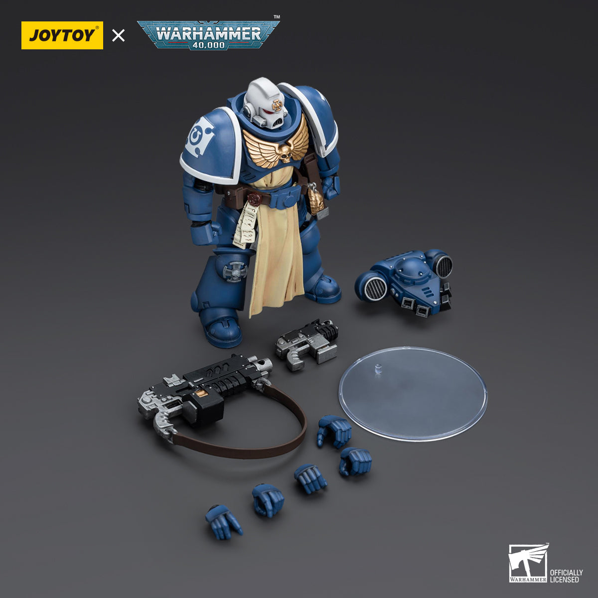 Contents of JoyToy Warhammer 40K Ultramarines Sternguard Veteran with Auto Bolt Rifle, including the detailed action figure, accessories like interchangable hands and weapons, all presented in an organized manner