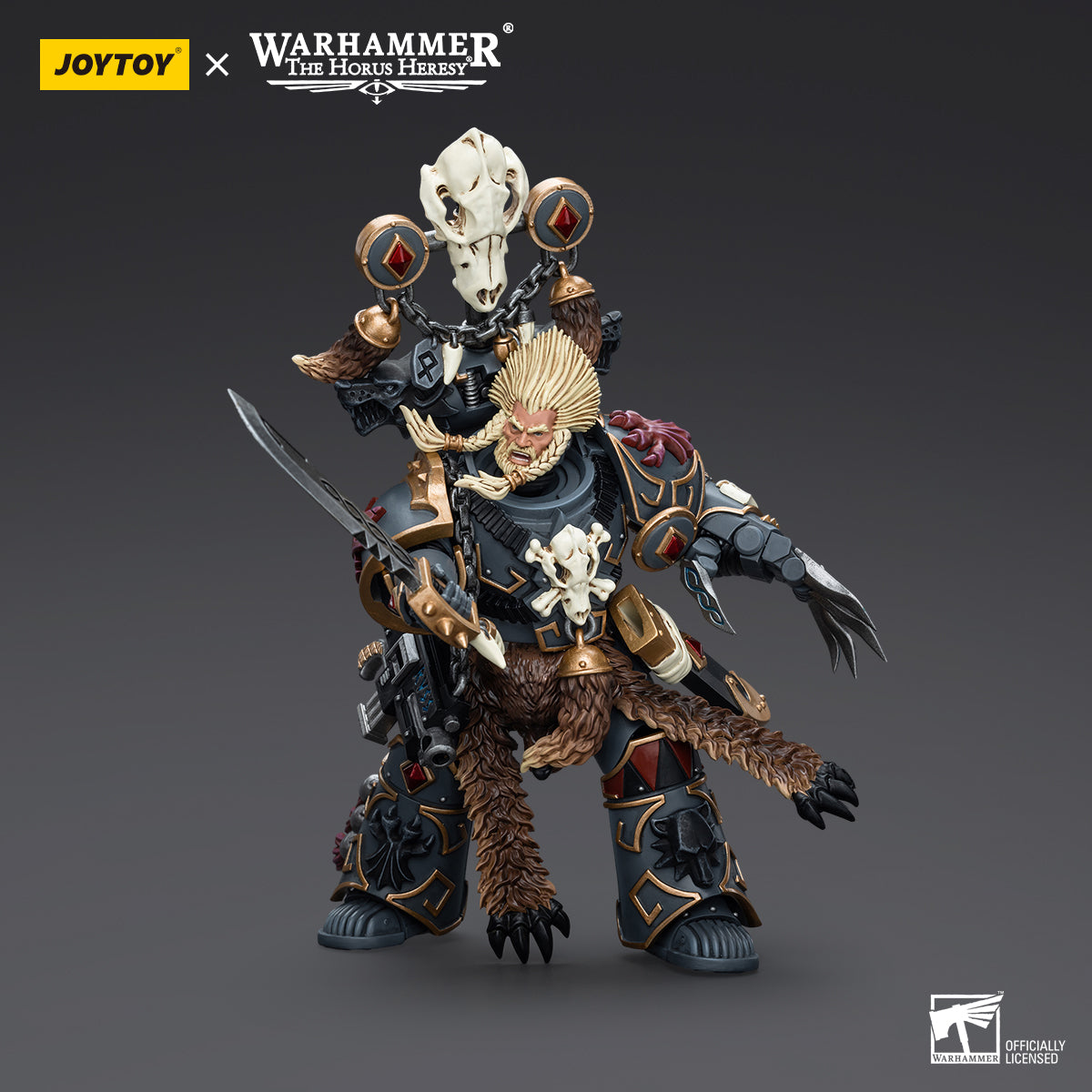 Geigor, the Fell-Hand, in combat stance, gripping his weapon and preparing for battle, fully armored and in an action-ready pose.